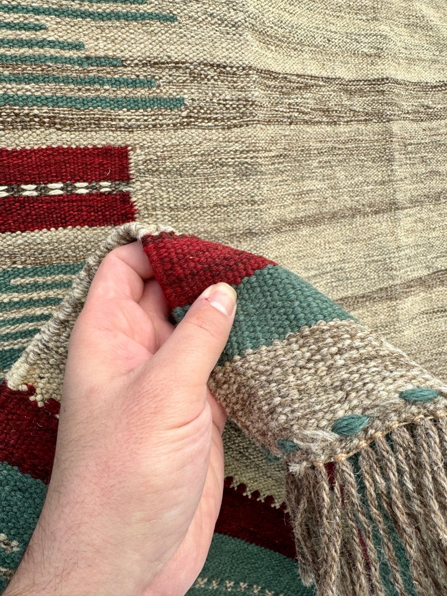 Modern Persian Kilim — Ivory & Teal Broken Stripes | 4' × 6'6"