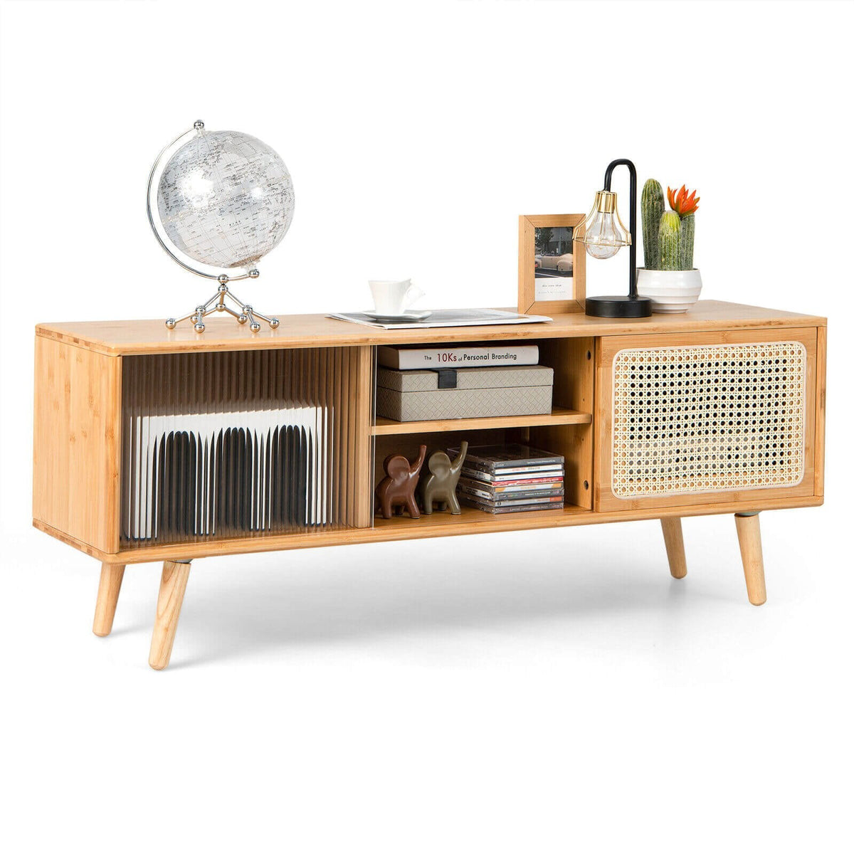 Moderner TV-Ständer mit Schiebetüren aus Rattan und Glas – Naturfarben