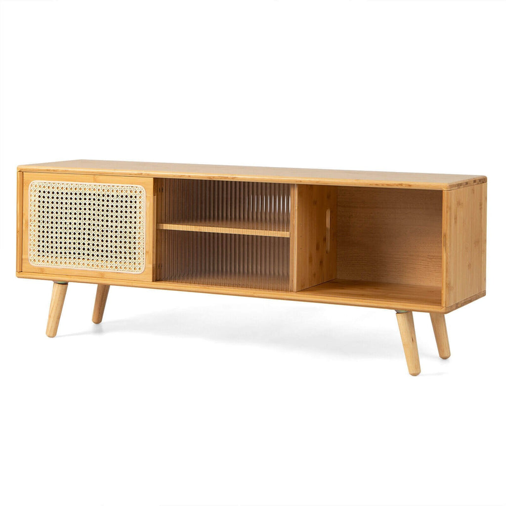 Moderner TV-Ständer mit Schiebetüren aus Rattan und Glas – Naturfarben