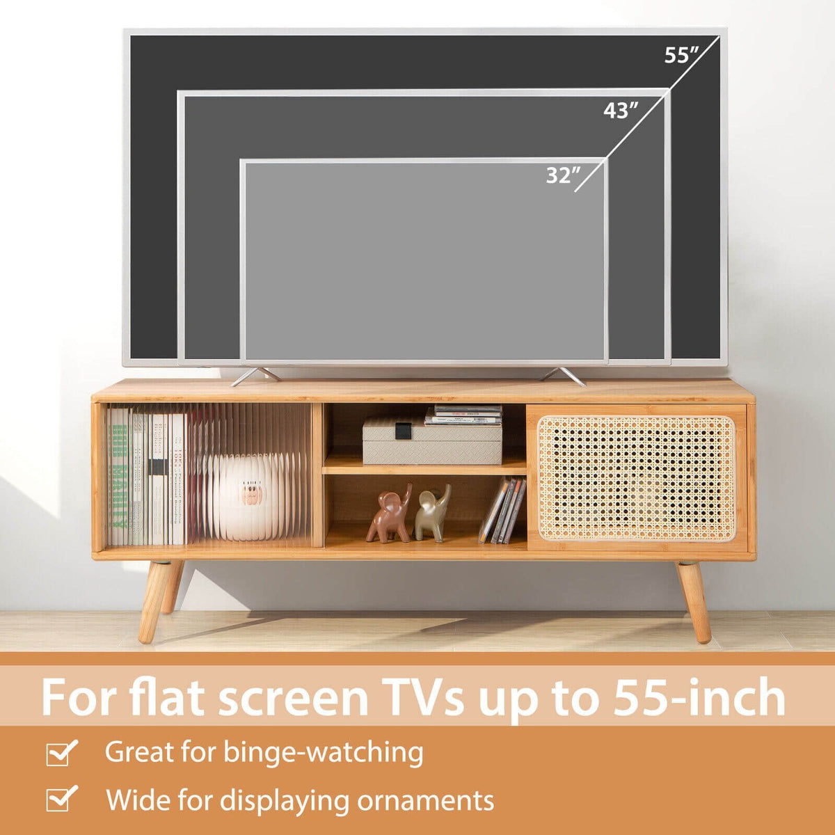 Moderner TV-Ständer mit Schiebetüren aus Rattan und Glas – Naturfarben