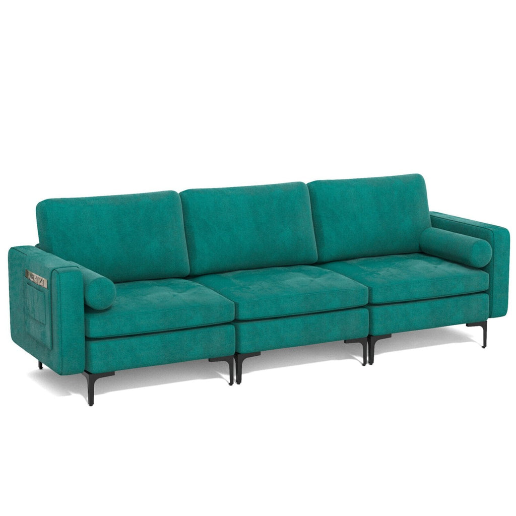 Modulares 3-Sitzer-Sofa aus pfaukenblauem Veloursleder, 246 cm breit, mit 65 cm tiefen Sitzflächen und Armlehnenablage