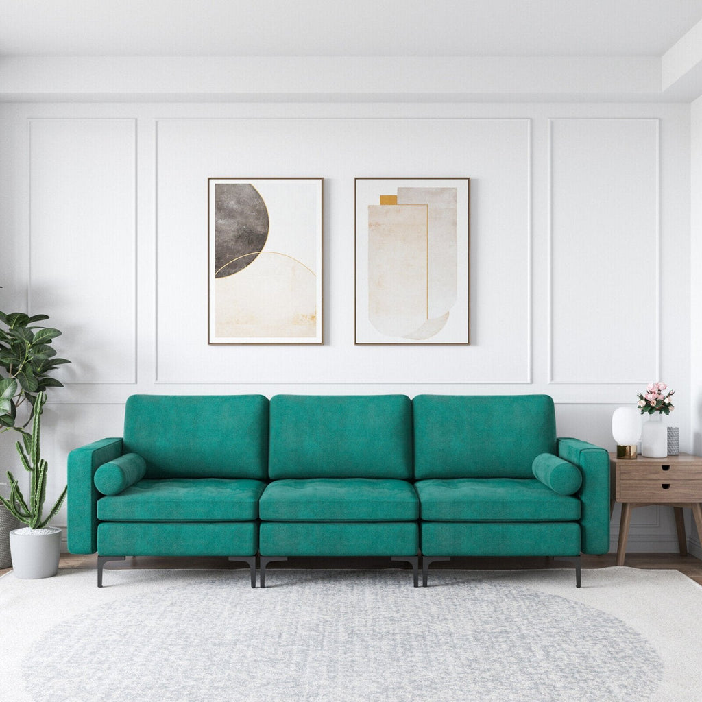 Modulares 3-Sitzer-Sofa aus pfaukenblauem Veloursleder, 246 cm breit, mit 65 cm tiefen Sitzflächen und Armlehnenablage