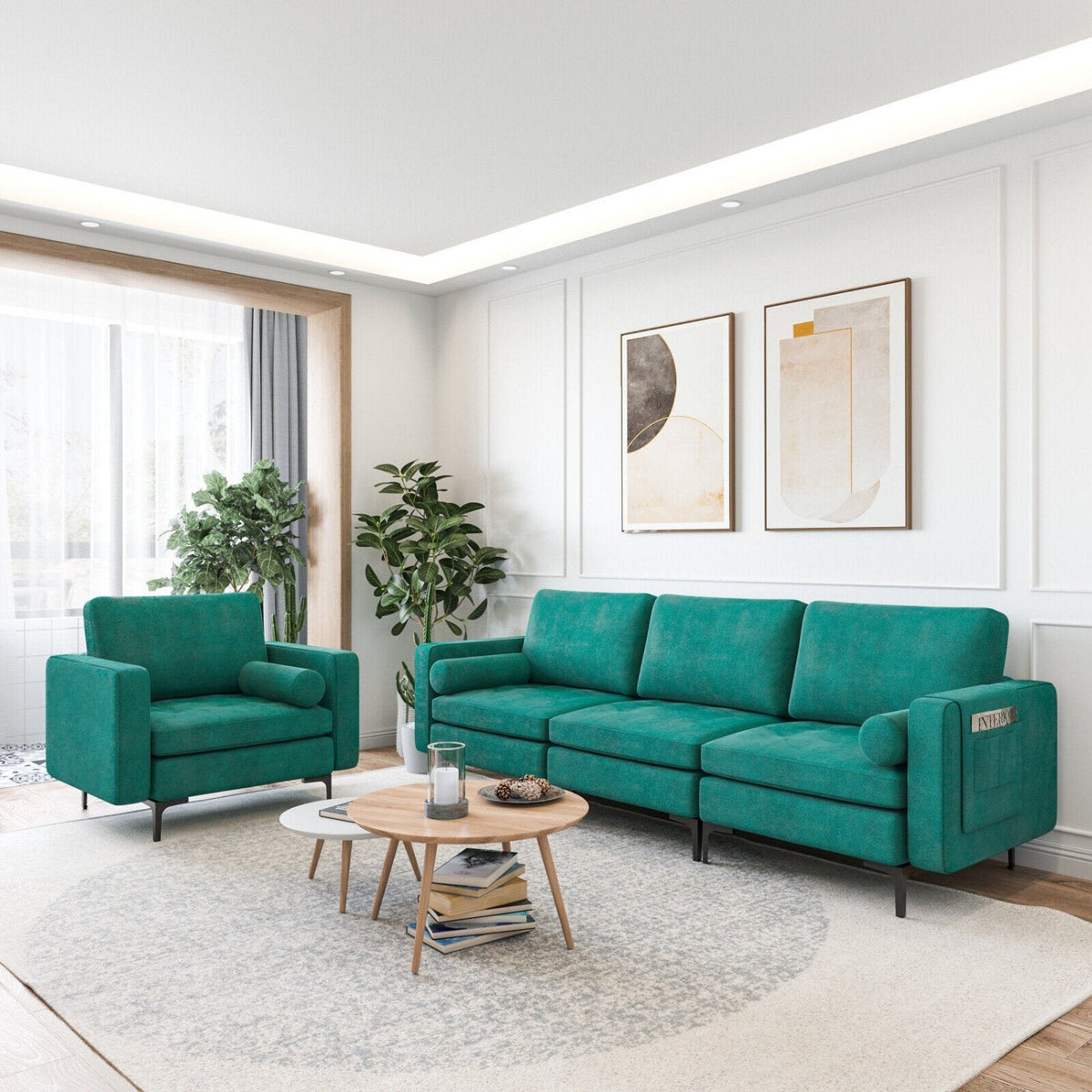 Modulares 3-Sitzer-Sofa aus pfaukenblauem Veloursleder, 246 cm breit, mit 65 cm tiefen Sitzflächen und Armlehnenablage