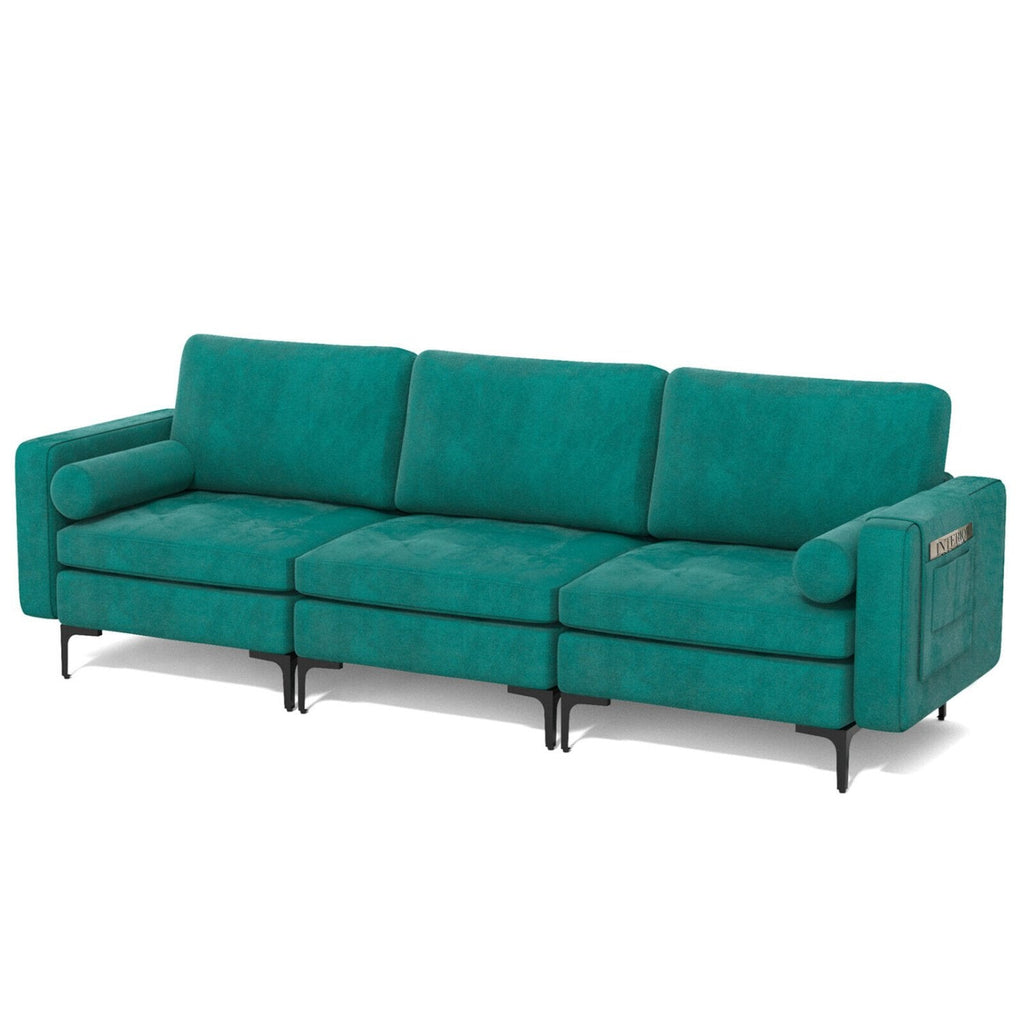 Modulares 3-Sitzer-Sofa aus pfaukenblauem Veloursleder, 246 cm breit, mit 65 cm tiefen Sitzflächen und Armlehnenablage