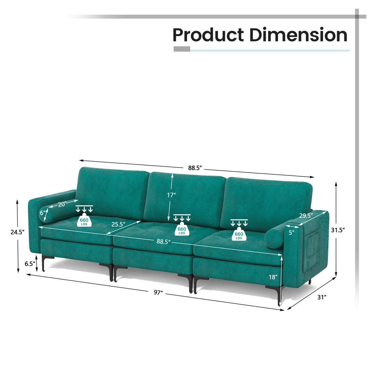 Modulares 3-Sitzer-Sofa aus pfaukenblauem Veloursleder, 246 cm breit, mit 65 cm tiefen Sitzflächen und Armlehnenablage