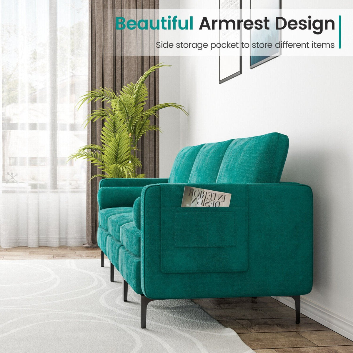 Modulares 3-Sitzer-Sofa aus pfaukenblauem Veloursleder, 246 cm breit, mit 65 cm tiefen Sitzflächen und Armlehnenablage