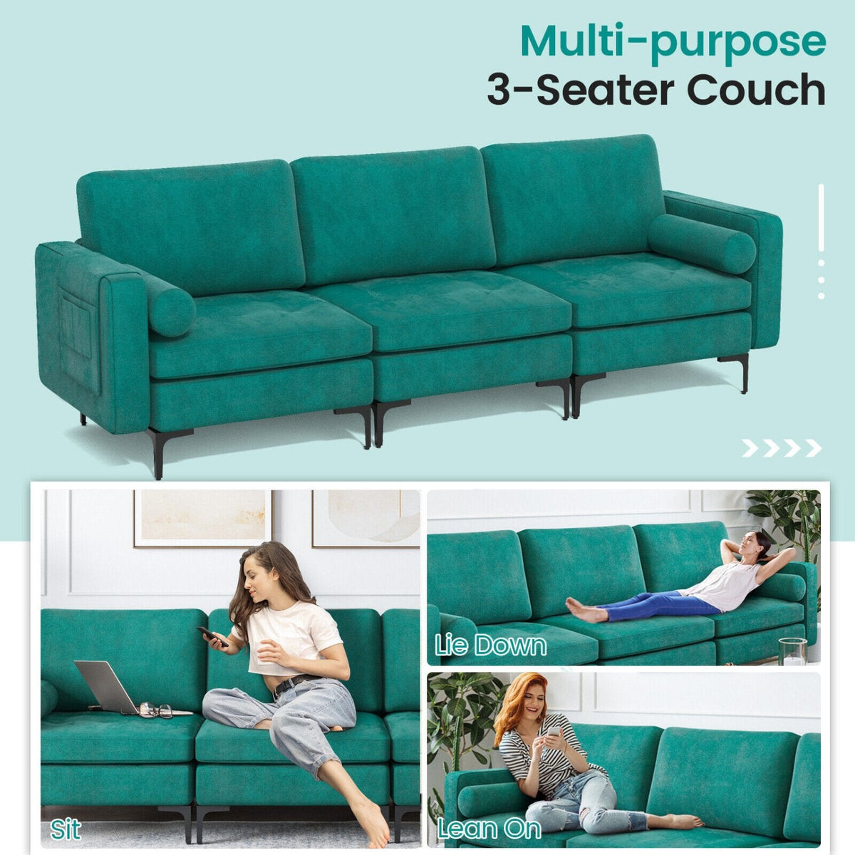 Modulares 3-Sitzer-Sofa aus pfaukenblauem Veloursleder, 246 cm breit, mit 65 cm tiefen Sitzflächen und Armlehnenablage