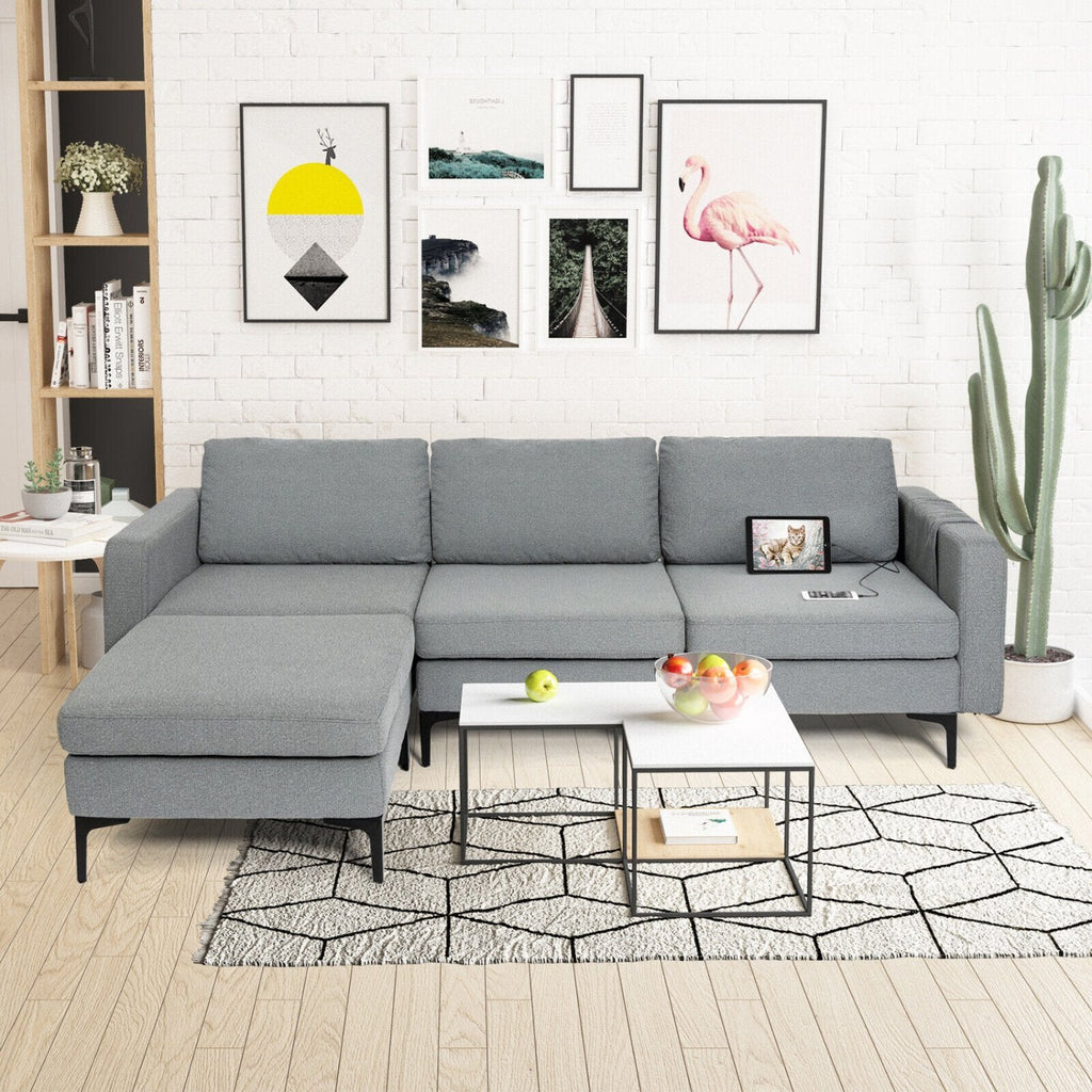 94,5 Zoll großes L-förmiges Ecksofa in grauem Leinen mit 22 Zoll Sitztiefe und umbaubarem Hocker