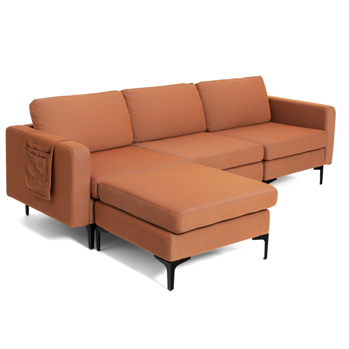 94.5 in L Shaped Sectional in Burnt Orange Linen with Hook and Loop Fixed Cushions and an Ottoman