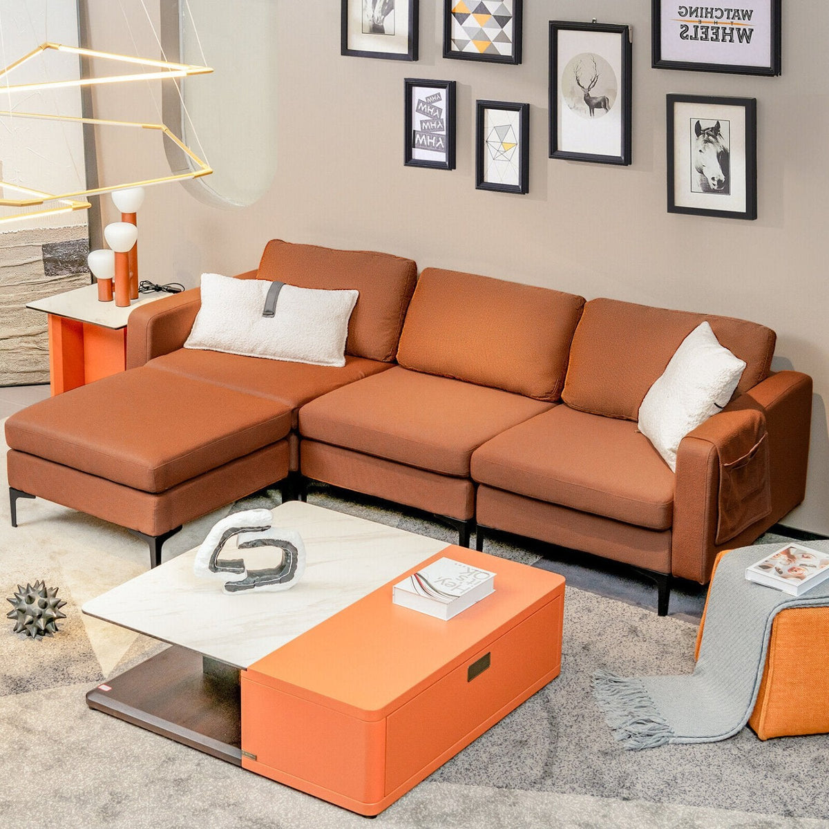 94.5 in L Shaped Sectional in Burnt Orange Linen with Hook and Loop Fixed Cushions and an Ottoman