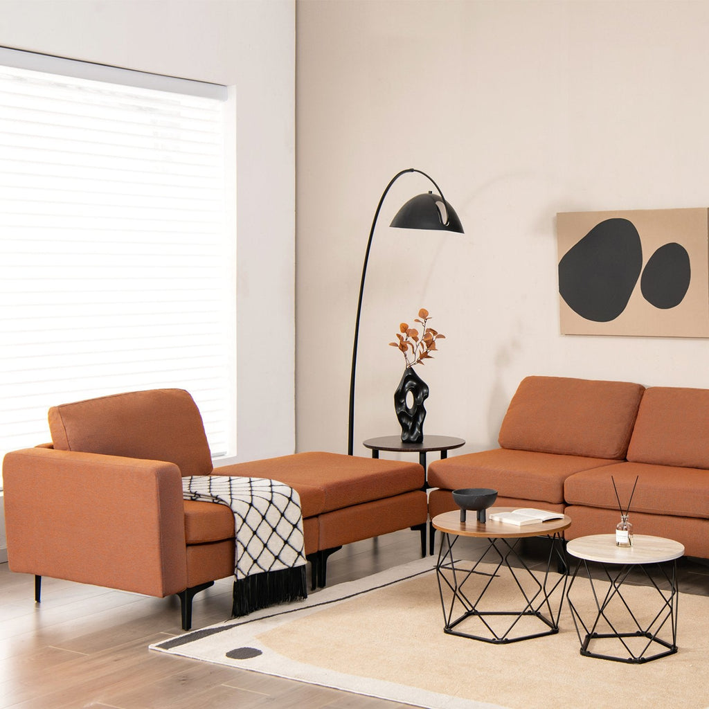 94.5 in L Shaped Sectional in Burnt Orange Linen with Hook and Loop Fixed Cushions and an Ottoman