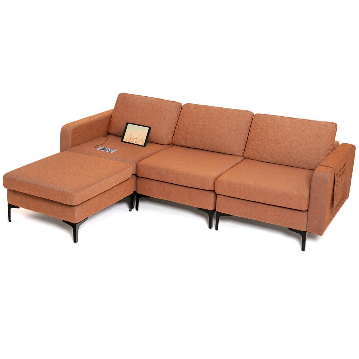 94.5 in L Shaped Sectional in Burnt Orange Linen with Hook and Loop Fixed Cushions and an Ottoman