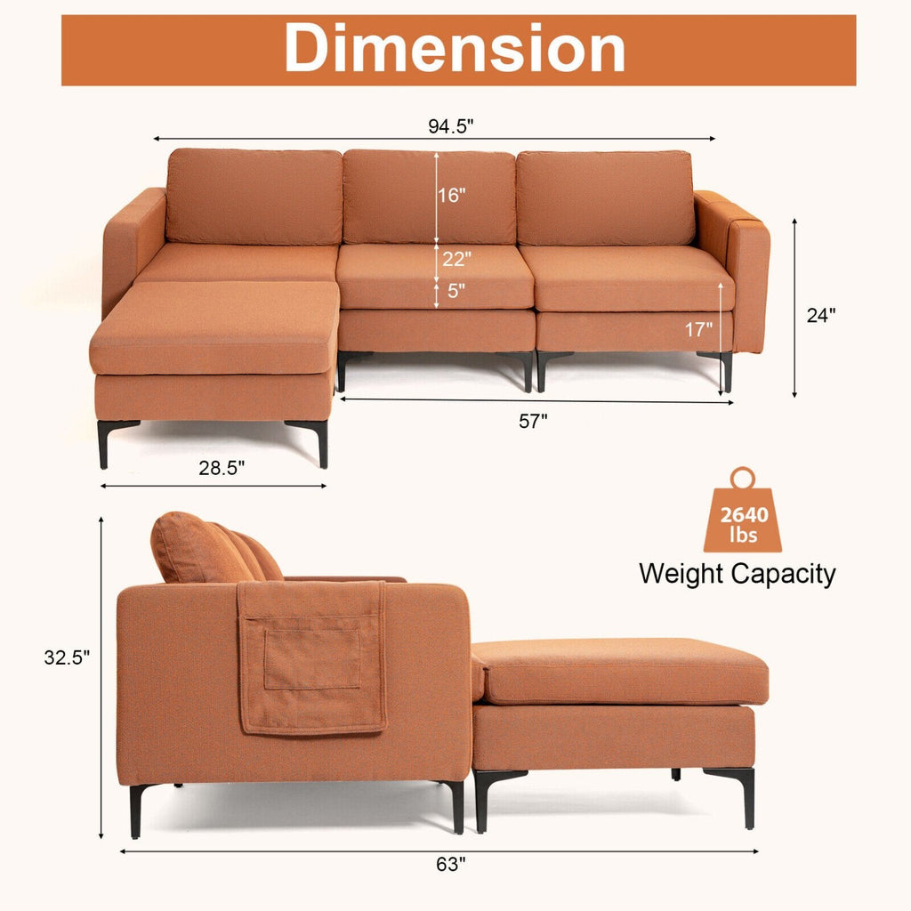 94.5 in L Shaped Sectional in Burnt Orange Linen with Hook and Loop Fixed Cushions and an Ottoman