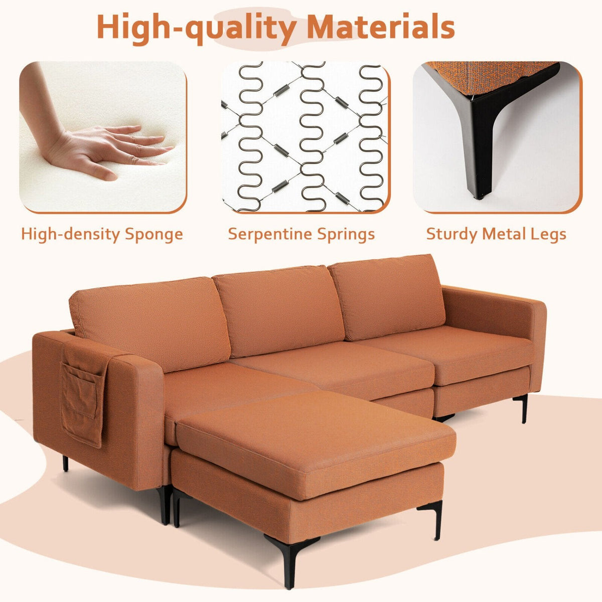 94.5 in L Shaped Sectional in Burnt Orange Linen with Hook and Loop Fixed Cushions and an Ottoman