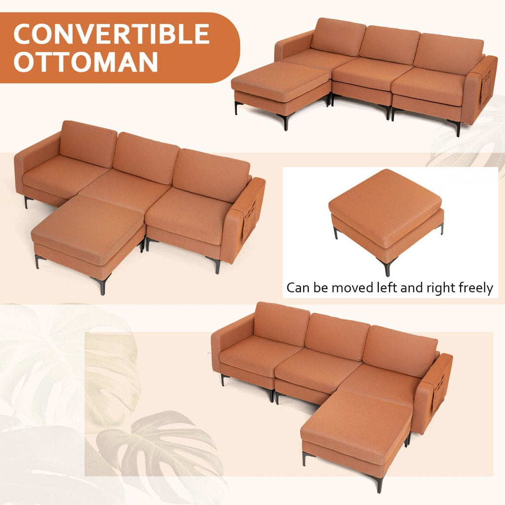94.5 in L Shaped Sectional in Burnt Orange Linen with Hook and Loop Fixed Cushions and an Ottoman