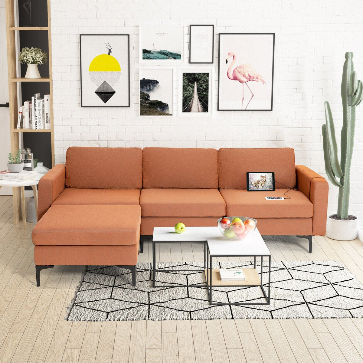 94.5 in L Shaped Sectional in Burnt Orange Linen with Hook and Loop Fixed Cushions and an Ottoman
