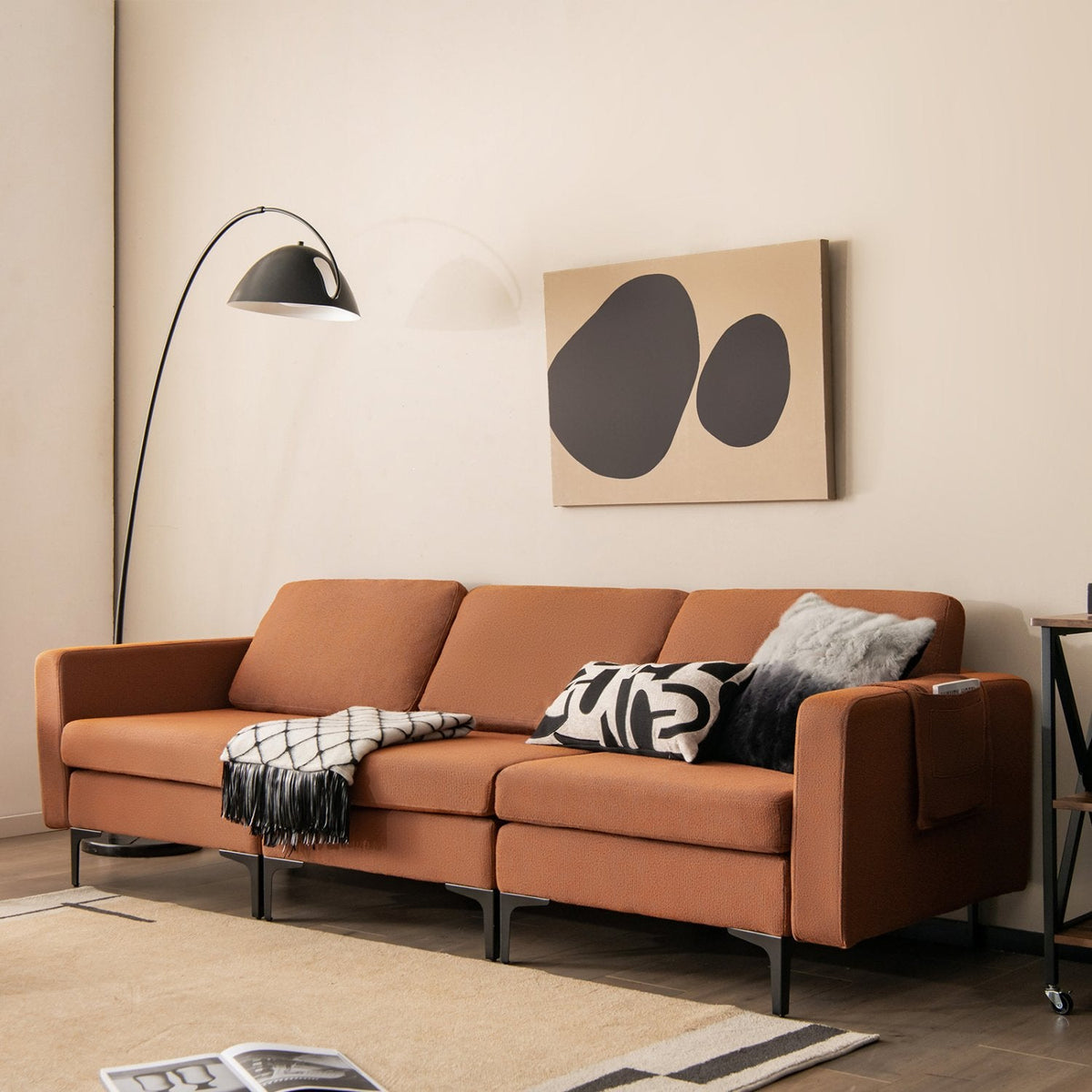 94.5 in L Shaped Sectional in Burnt Orange Linen with Hook and Loop Fixed Cushions and an Ottoman
