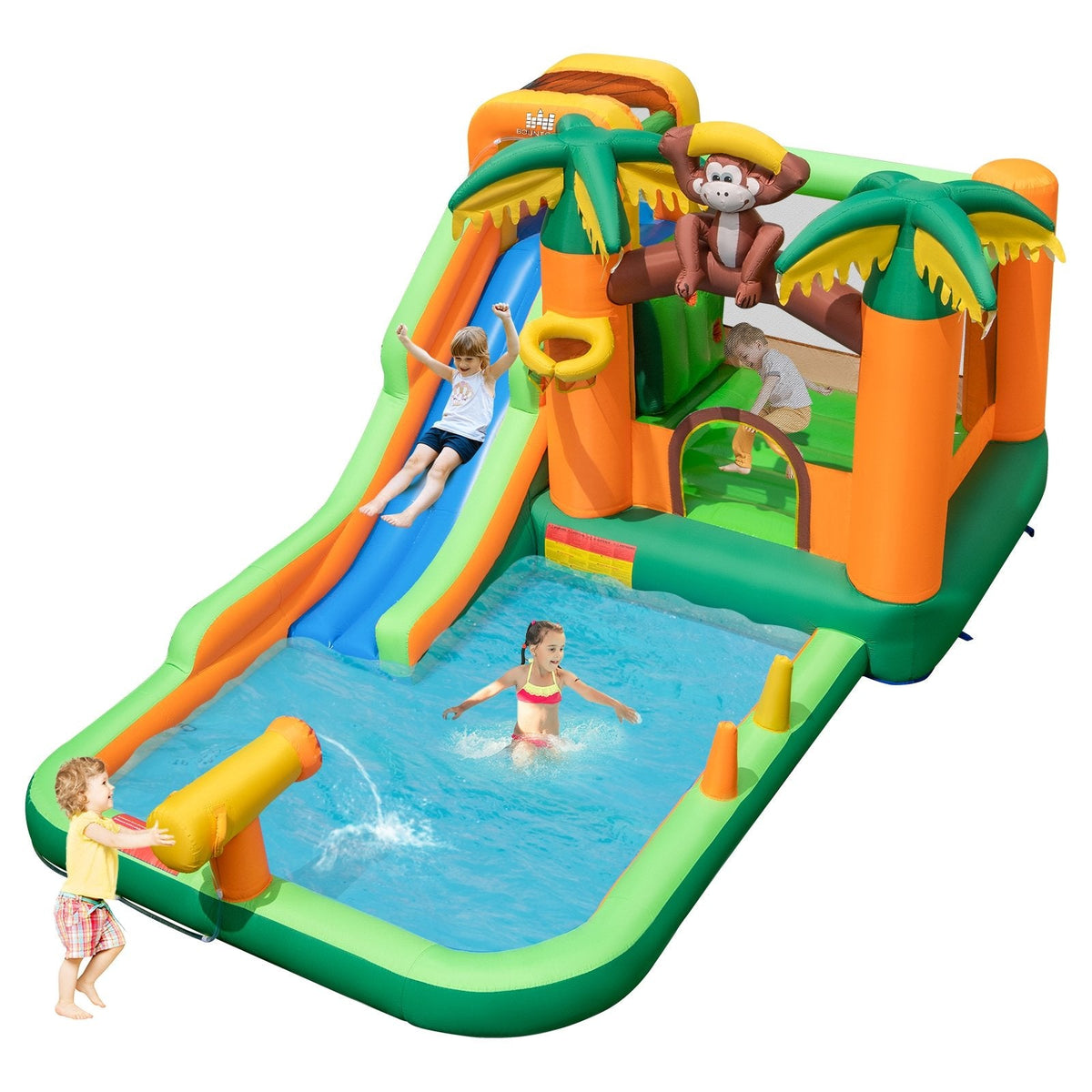 Aufblasbarer Wasserpark im Affen-Design mit Surf-Rutsche und 50 Wasserbällen, ohne Gebläse