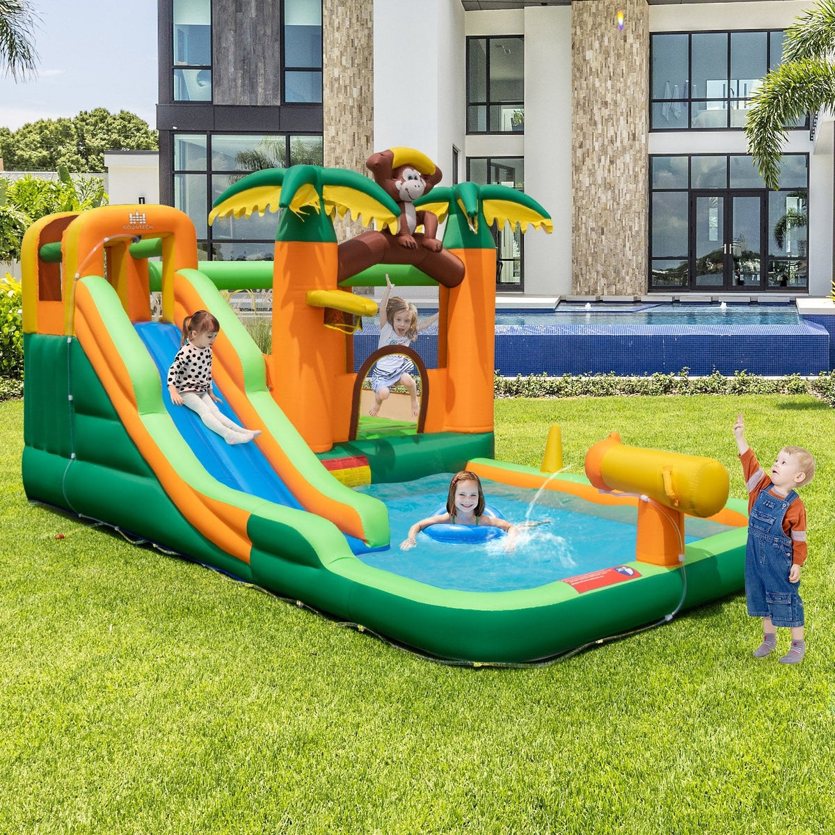 Aufblasbarer Wasserpark im Affen-Design mit Surf-Rutsche und 50 Wasserbällen, ohne Gebläse