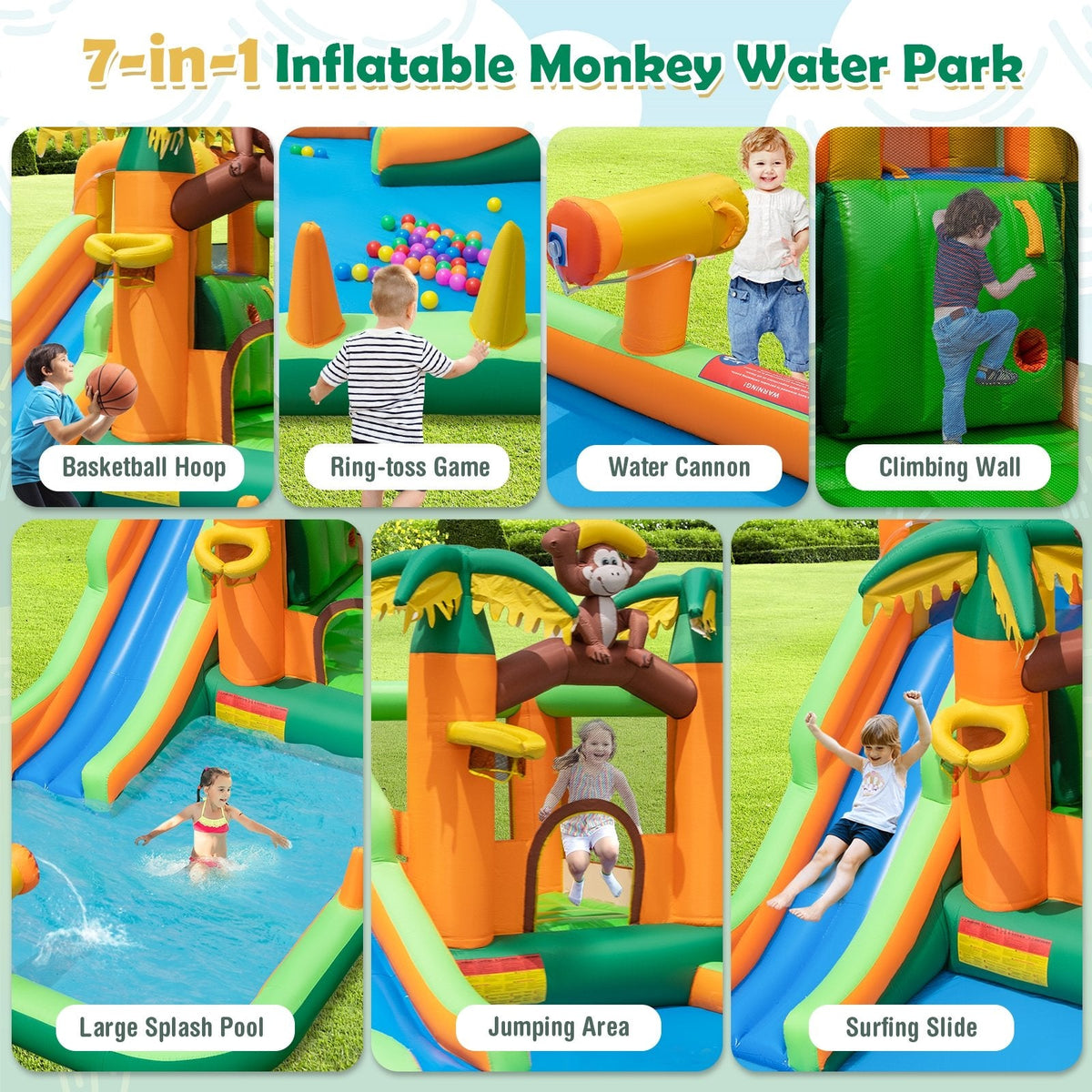 Aufblasbarer Wasserpark im Affen-Design mit Surf-Rutsche und 50 Wasserbällen, ohne Gebläse