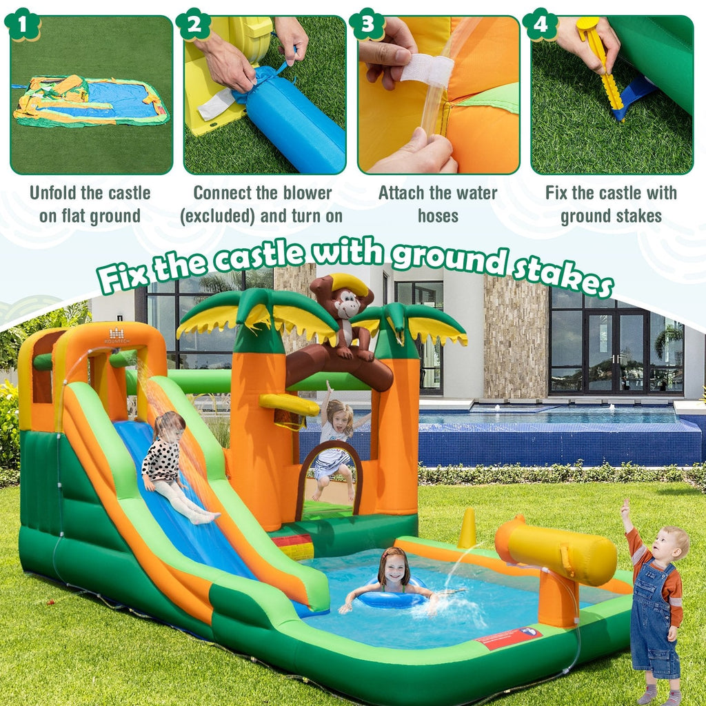 Aufblasbarer Wasserpark im Affen-Design mit Surf-Rutsche und 50 Wasserbällen, ohne Gebläse