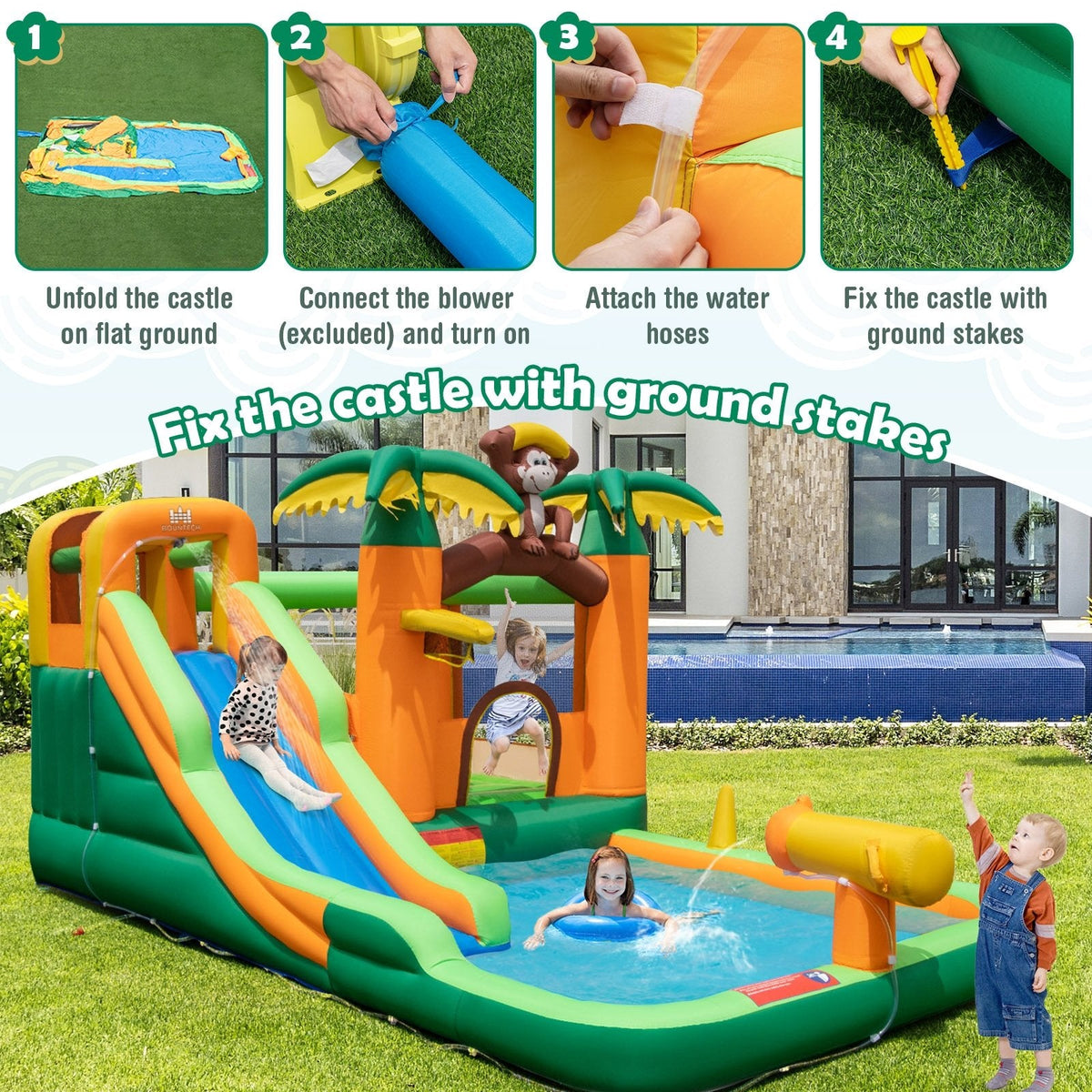 Aufblasbarer Wasserpark im Affen-Design mit Surf-Rutsche und 50 Wasserbällen, ohne Gebläse