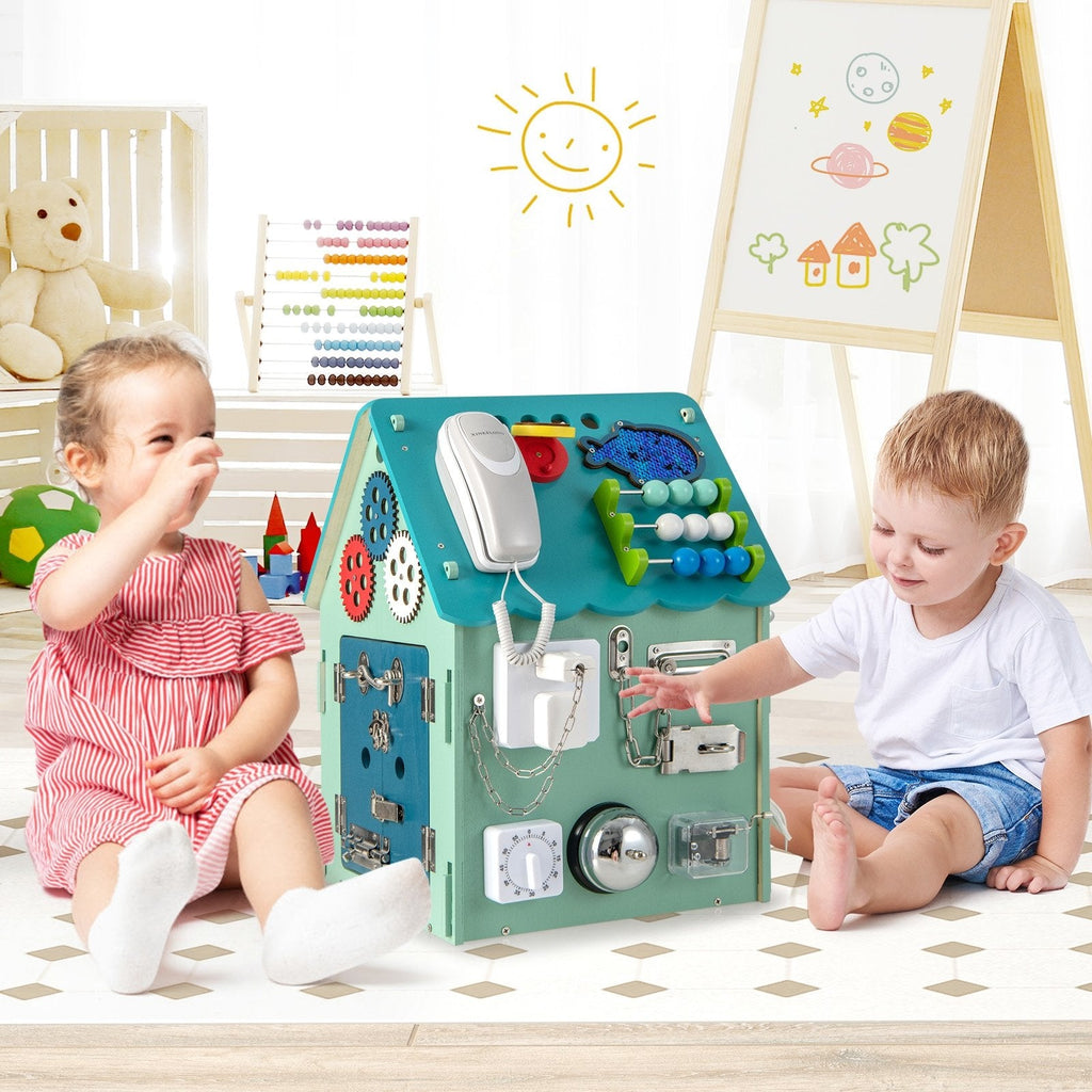 Maison de jeu Montessori avec jeux sensoriels et espace de rangement intérieur - Bleu