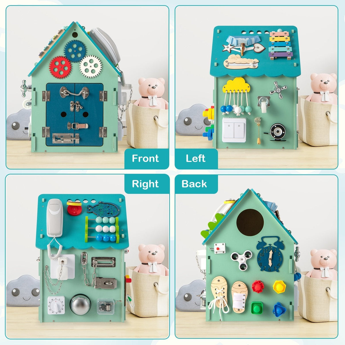 Maison de jeu Montessori avec jeux sensoriels et espace de rangement intérieur - Bleu