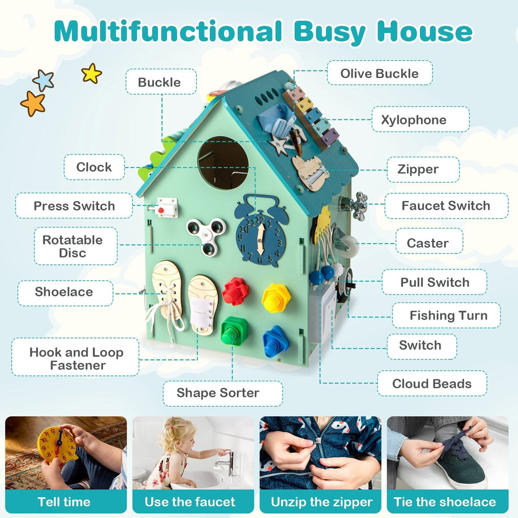 Maison de jeu Montessori avec jeux sensoriels et espace de rangement intérieur - Bleu