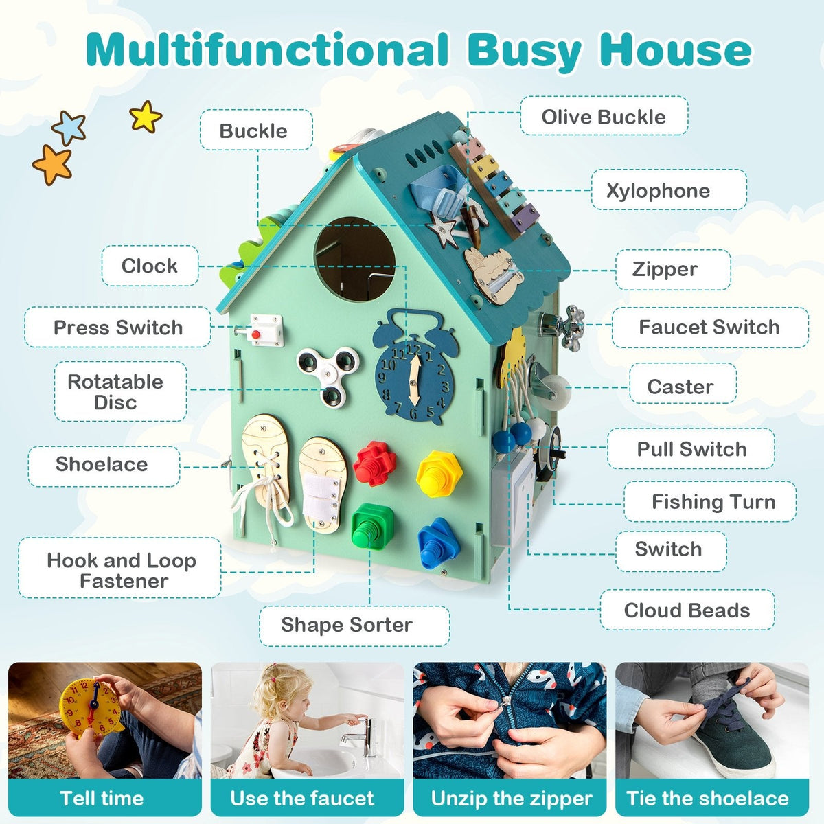 Maison de jeu Montessori avec jeux sensoriels et espace de rangement intérieur - Bleu