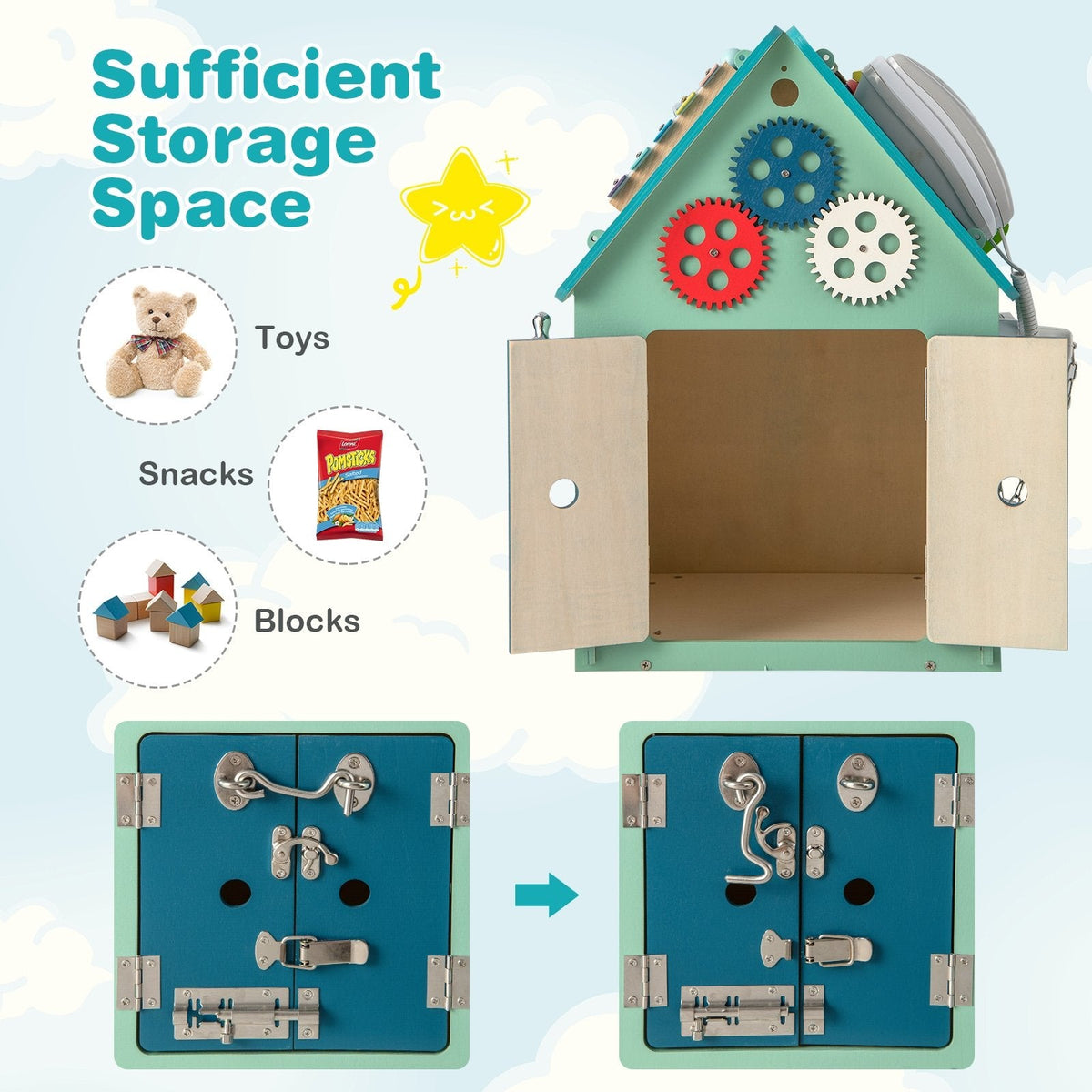 Maison de jeu Montessori avec jeux sensoriels et espace de rangement intérieur - Bleu