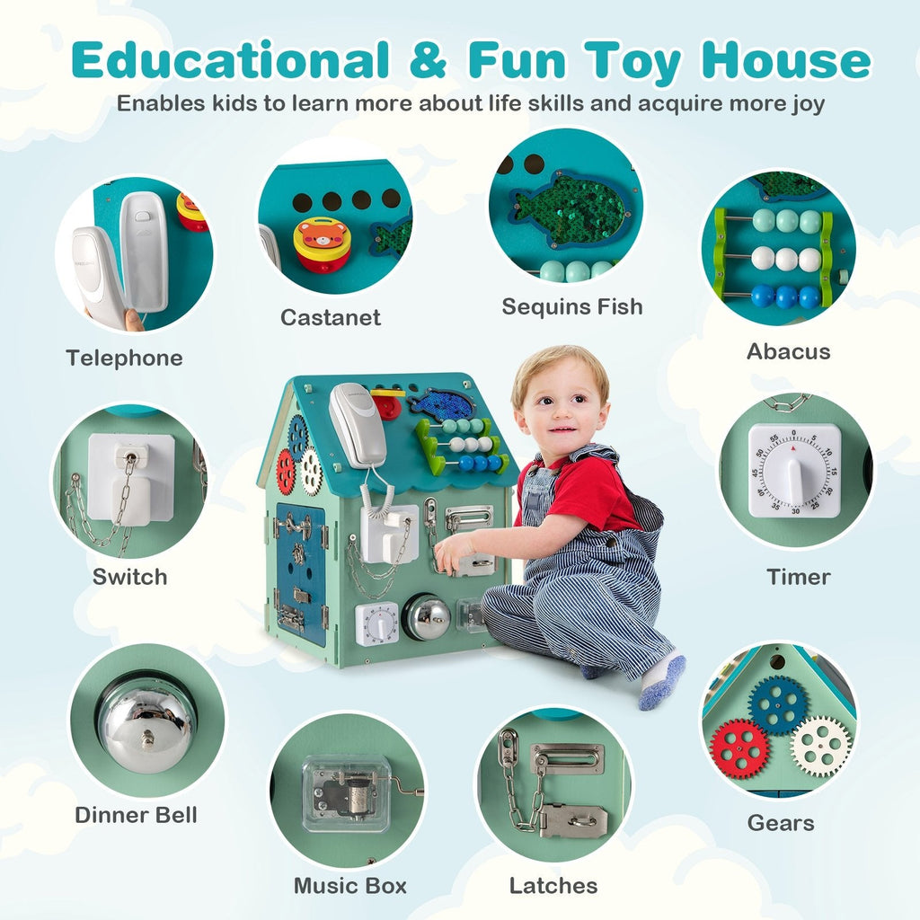Maison de jeu Montessori avec jeux sensoriels et espace de rangement intérieur - Bleu