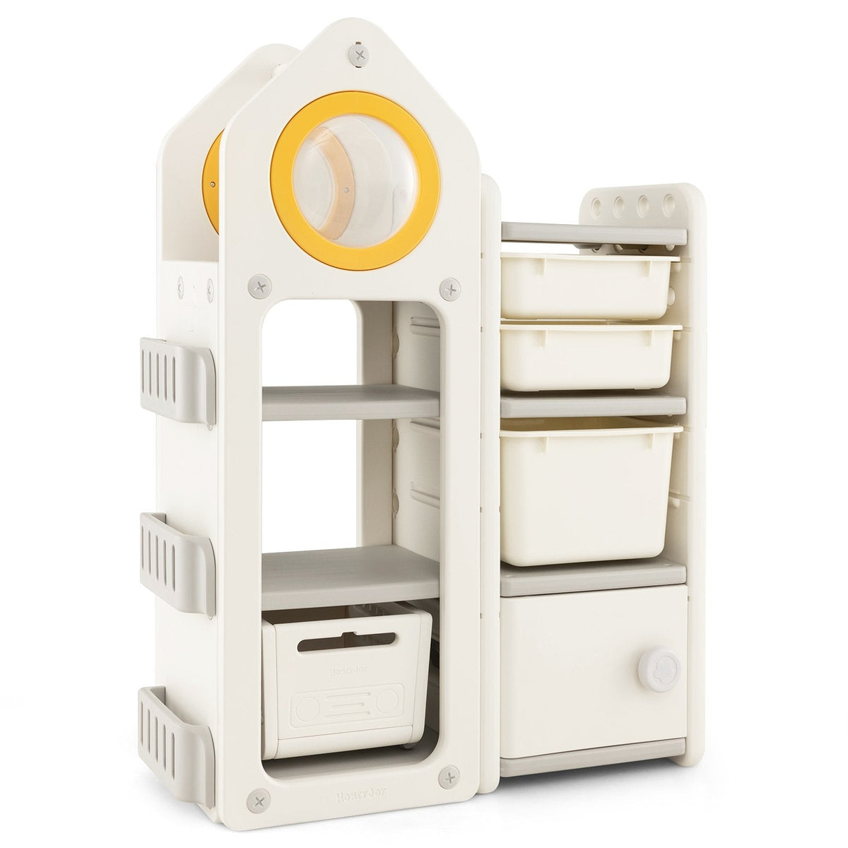Coffre à jouets et bibliothèque multifonction avec chariot mobile - Gris