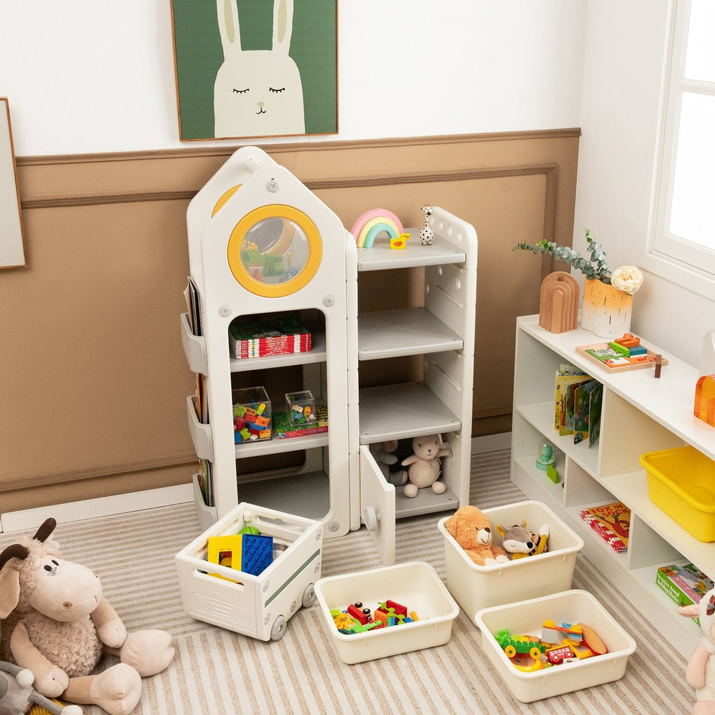 Coffre à jouets et bibliothèque multifonction avec chariot mobile - Gris