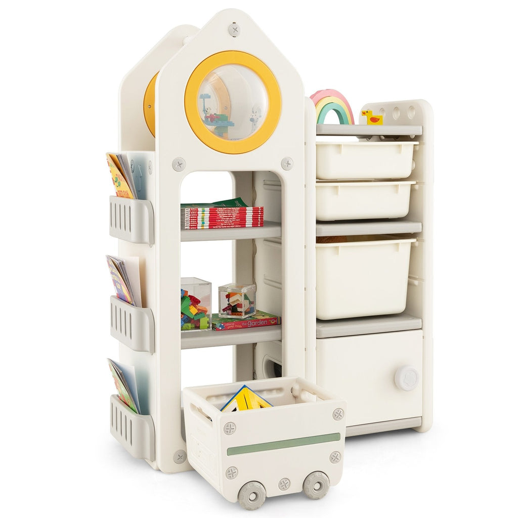 Coffre à jouets et bibliothèque multifonction avec chariot mobile - Gris