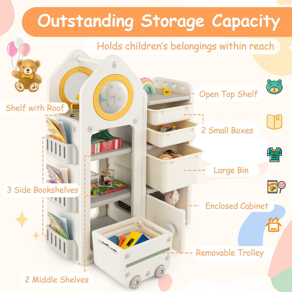 Coffre à jouets et bibliothèque multifonction avec chariot mobile - Gris
