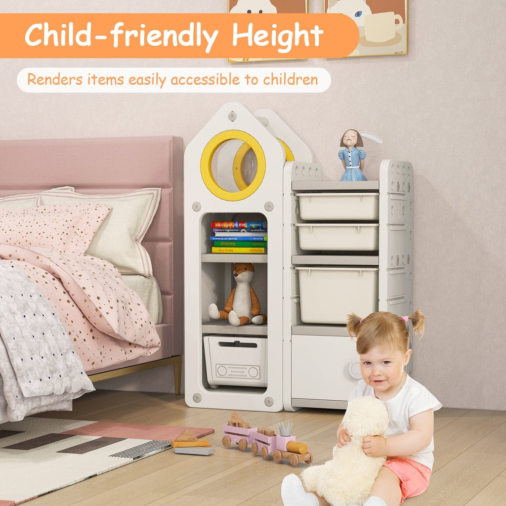 Coffre à jouets et bibliothèque multifonction avec chariot mobile - Gris