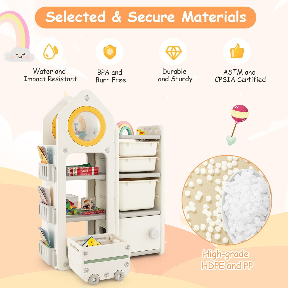 Coffre à jouets et bibliothèque multifonction avec chariot mobile - Gris