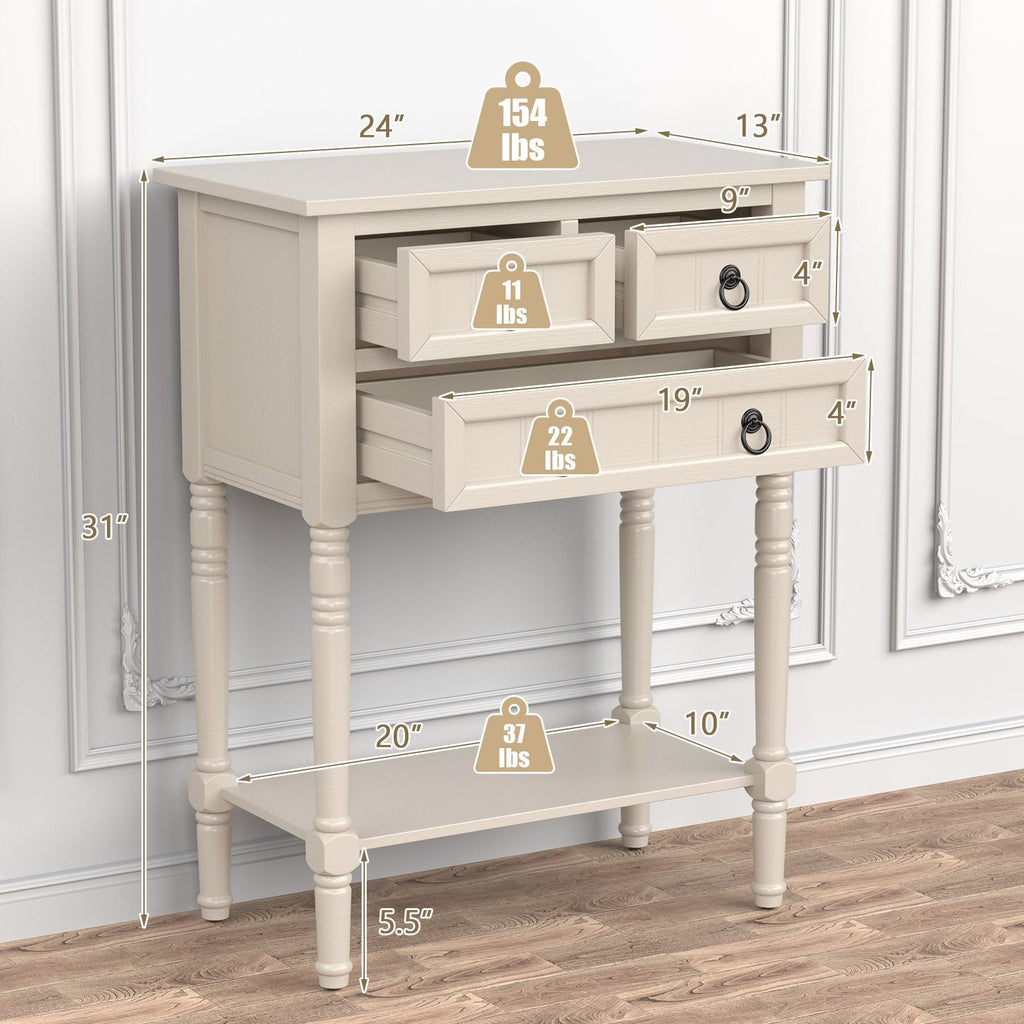 Consola estrecha con 3 cajones de almacenamiento y estante inferior abierto-Beige