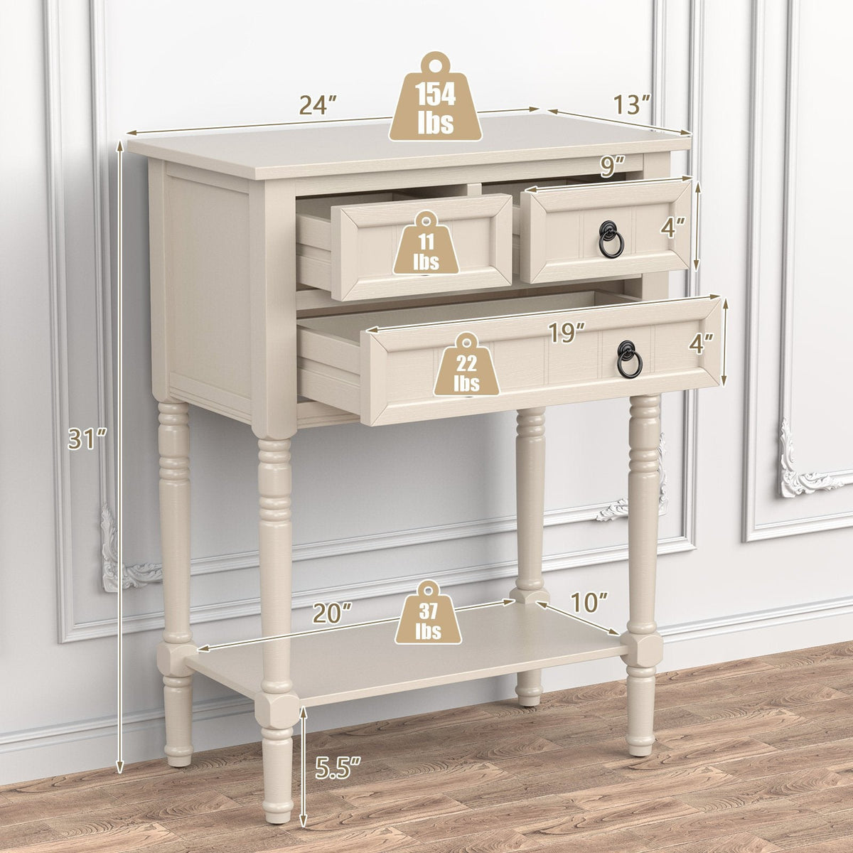 Consola estrecha con 3 cajones de almacenamiento y estante inferior abierto-Beige