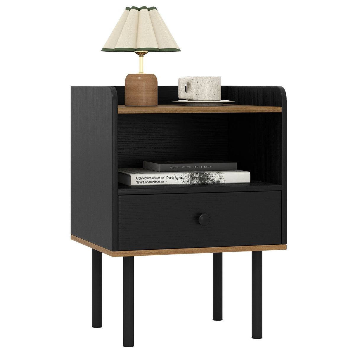 Mesita de noche con cajón y estante abierto