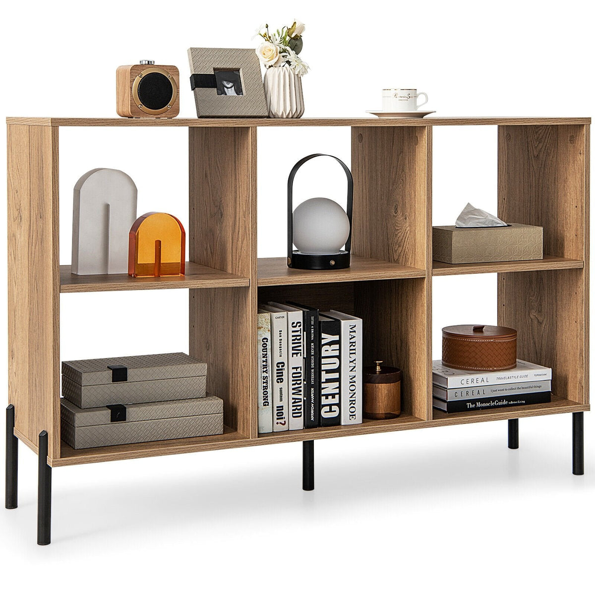 Librería abierta de 6 cubos con patas de metal, mueble de almacenamiento bajo, acabado en madera natural
