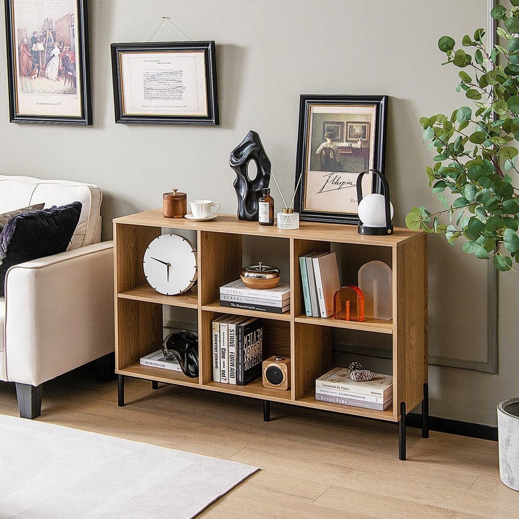 Librería abierta de 6 cubos con patas de metal, mueble de almacenamiento bajo, acabado en madera natural
