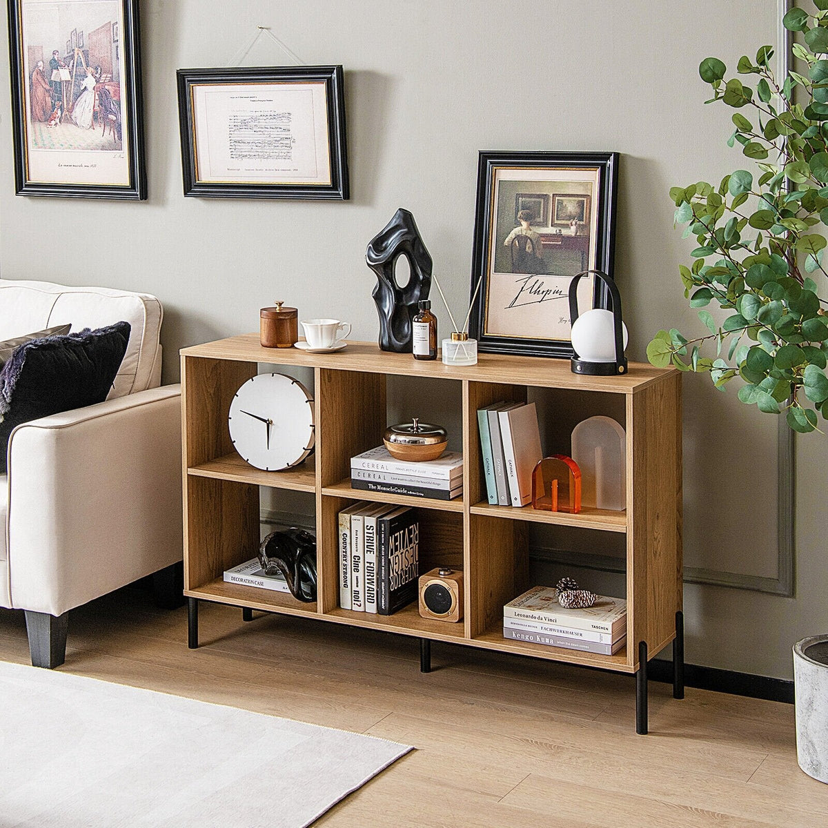 Librería abierta de 6 cubos con patas de metal, mueble de almacenamiento bajo, acabado en madera natural