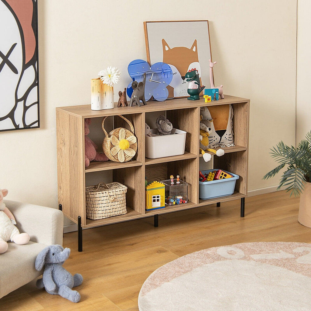 Librería abierta de 6 cubos con patas de metal, mueble de almacenamiento bajo, acabado en madera natural