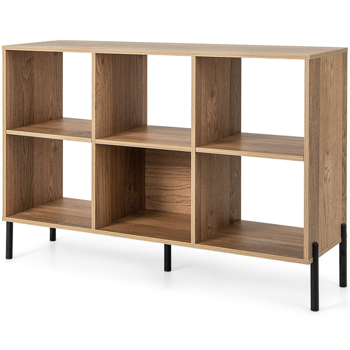 Librería abierta de 6 cubos con patas de metal, mueble de almacenamiento bajo, acabado en madera natural