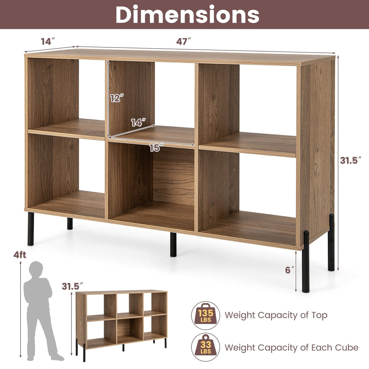 Librería abierta de 6 cubos con patas de metal, mueble de almacenamiento bajo, acabado en madera natural