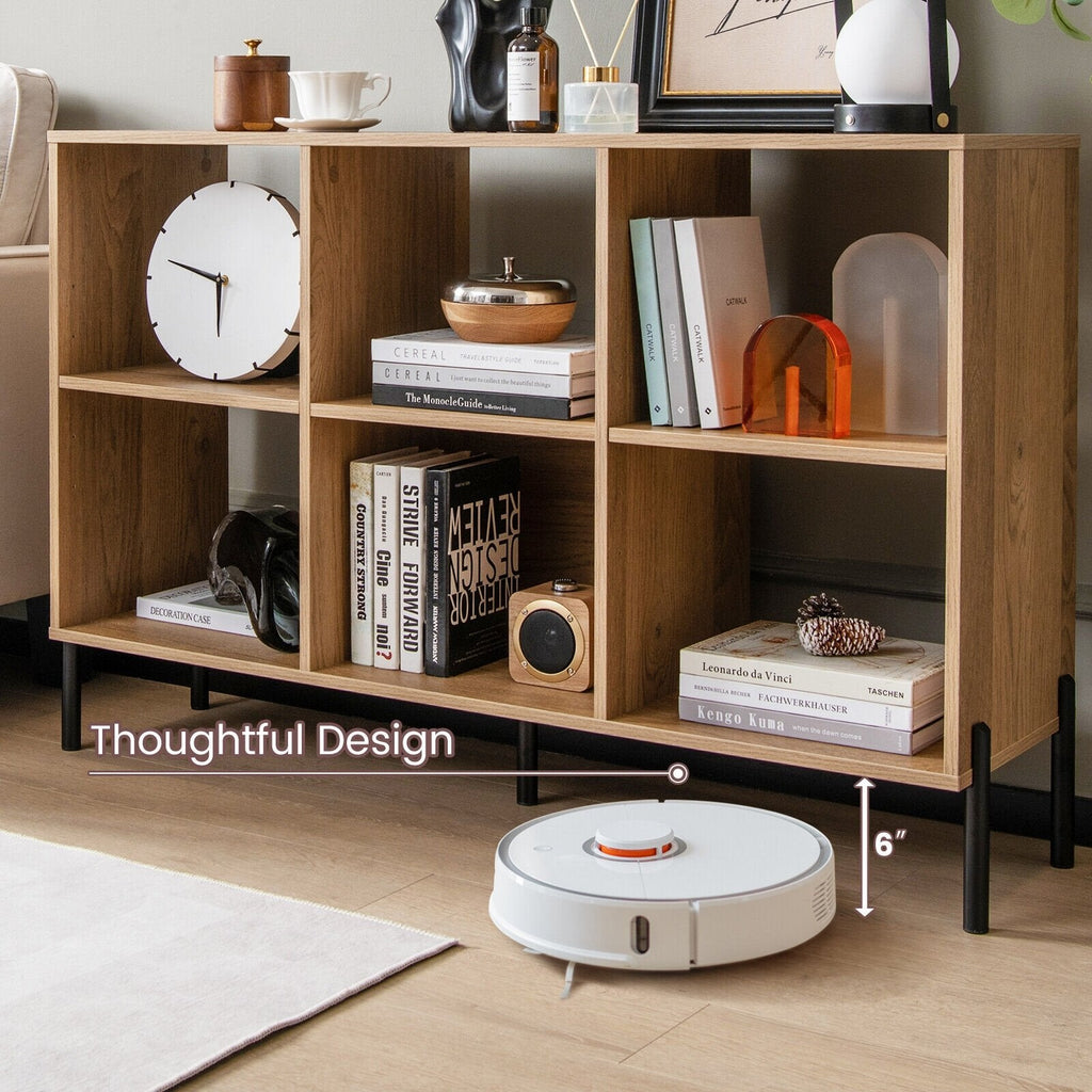 Librería abierta de 6 cubos con patas de metal, mueble de almacenamiento bajo, acabado en madera natural
