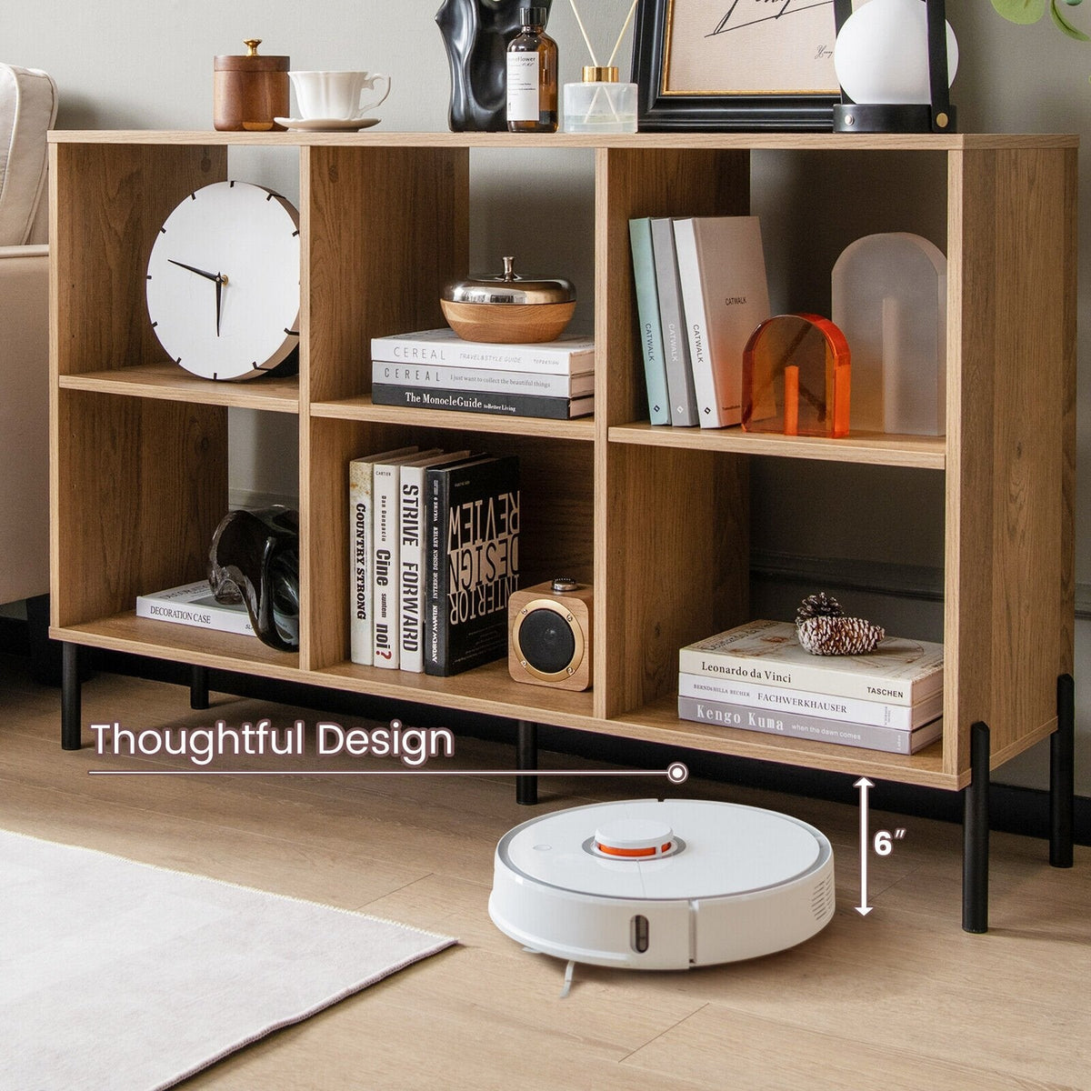 Librería abierta de 6 cubos con patas de metal, mueble de almacenamiento bajo, acabado en madera natural