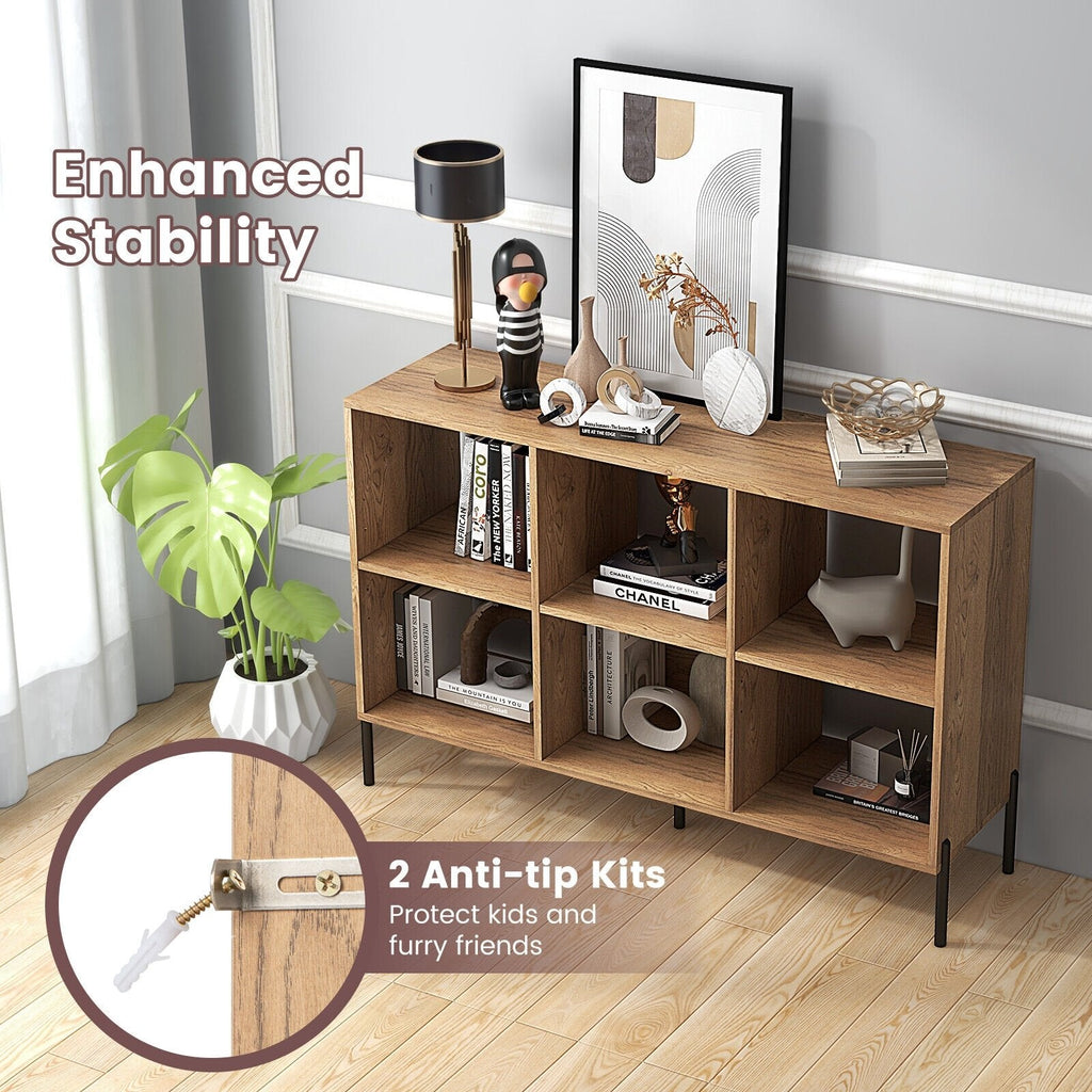 Librería abierta de 6 cubos con patas de metal, mueble de almacenamiento bajo, acabado en madera natural